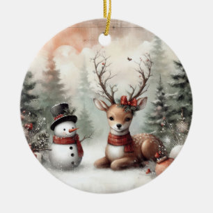 Weihnachtswild/Schneemann im klassischen Wald Keramik Ornament