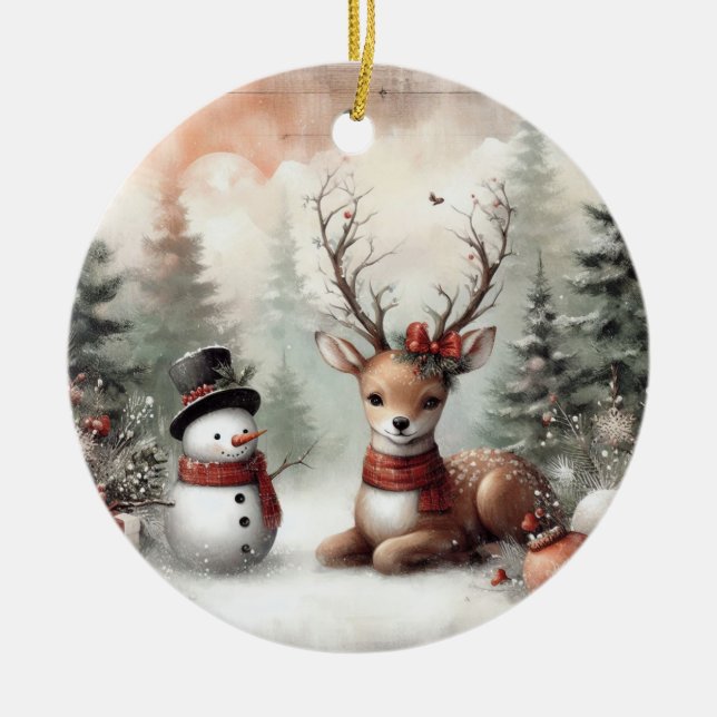 Weihnachtswild/Schneemann im klassischen Wald Keramik Ornament (Vorne)
