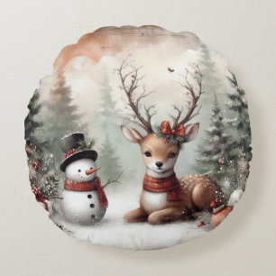 Weihnachtswild/Schneemann im klassischen Wald Rundes Kissen
