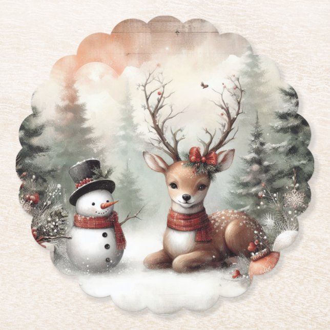 Weihnachtswild/Schneemann im klassischen Wald Untersetzer (Vorderseite)