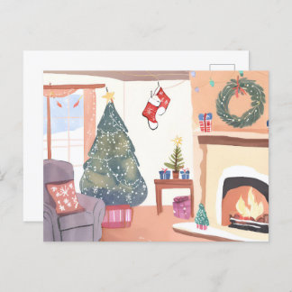 Weihnachtswohnzimmer | Aquarelltag Feiertagspostkarte