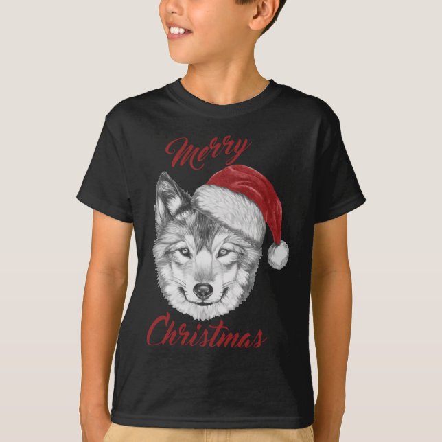 Weihnachtswolf mit Weihnachtsmannmütze T-Shirt (Vorderseite)