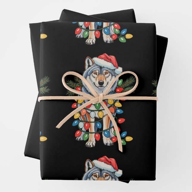 Weihnachtswolf Weihnachtsmannmütze Xmas Lights Tie Geschenkpapier Set (Beispiel)