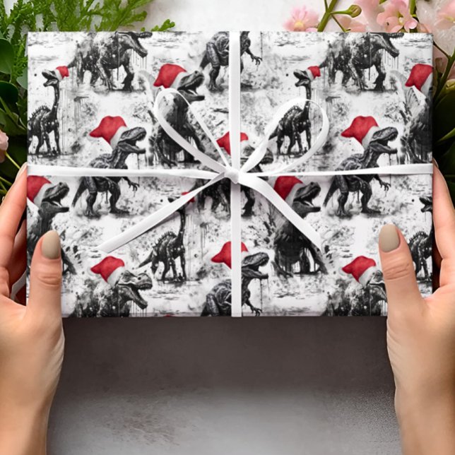 Weihnachtswrapping Paper Dinosaurier Santa Red Whi Geschenkpapier (Von Creator hochgeladen)