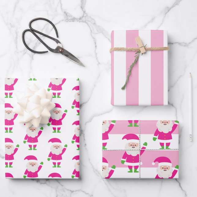 Weihnachtswrapping Paper Pink & Green Santa Strip Geschenkpapier Set (Vorderseite)