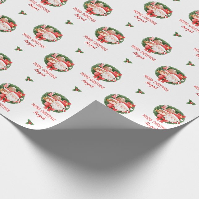 Weihnachtswrapping Paper Santa Wreath Personalisie Geschenkpapier (Ecke)