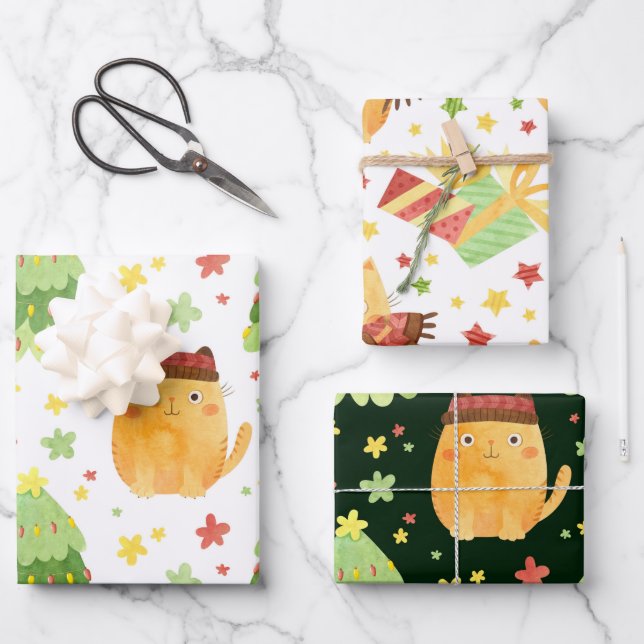 Weihnachtswrapping Paper Sheets von Katzen Geschenkpapier Set (Vorderseite)