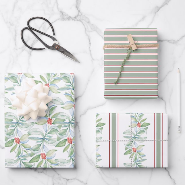 Weihnachtswrapping Paper Watercolor Botanisch Geschenkpapier Set (Vorderseite)