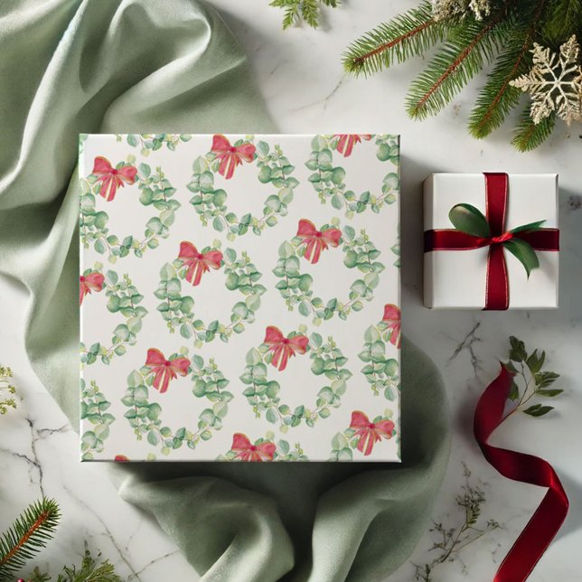 Weihnachtswrapping Papier Festkrautmuster Geschenkpapier (Christmas gift wrapping festive watercolor red and green wreath art Victoria Grigaliunas VG Invites)