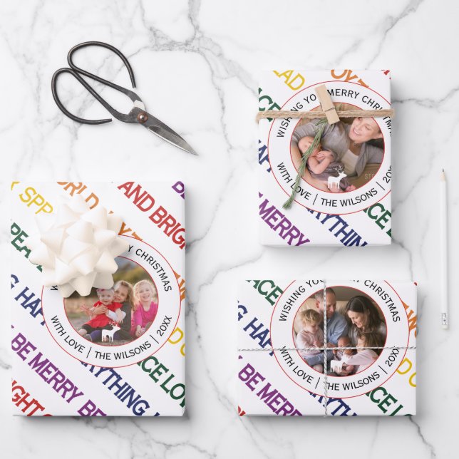 Weihnachtswünsche in Regenbogenfarben Foto Geschenkpapier Set (Vorderseite)