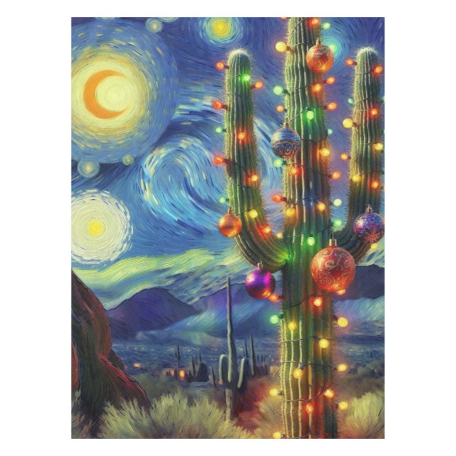 Weihnachtswüste Saguaro Cactus Holiday Card Tischdecke (Vorderseite)