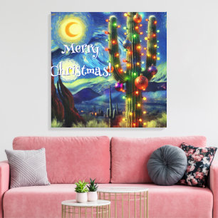 Weihnachtswüste Saguaro Cactus Night Moon Blue Leinwanddruck
