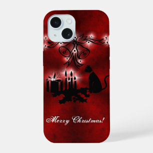 Weihnachtszauber mit schwarzer Katze auf rotem Reg iPhone 15 Hülle