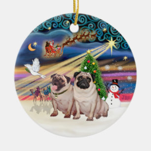 Weihnachtszauber - Möpse (Zwei rehbraune) Keramikornament
