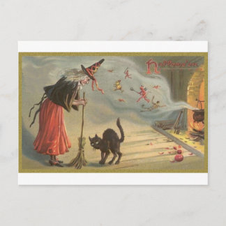 Weihnachtszeit, Hexe, Katze Feiertagspostkarte