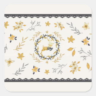 Weihnachtszeit Hirsch Gelbe Creme Blumen Blau Quadratischer Aufkleber