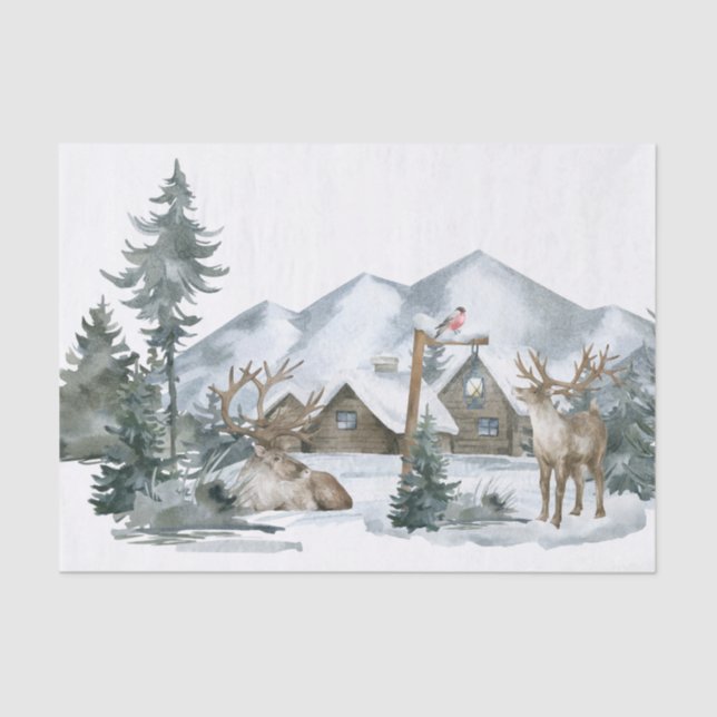 Weihnachtszeit Hirsch, Schnee und Kabine Decoupage Seidenpapier (Vorderseite)