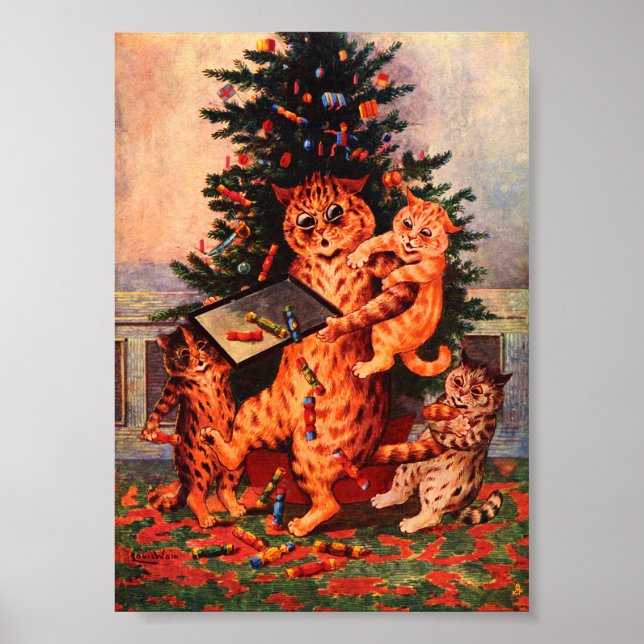 Weihnachtszeit in Catland Louis Wain Poster (Vorne)