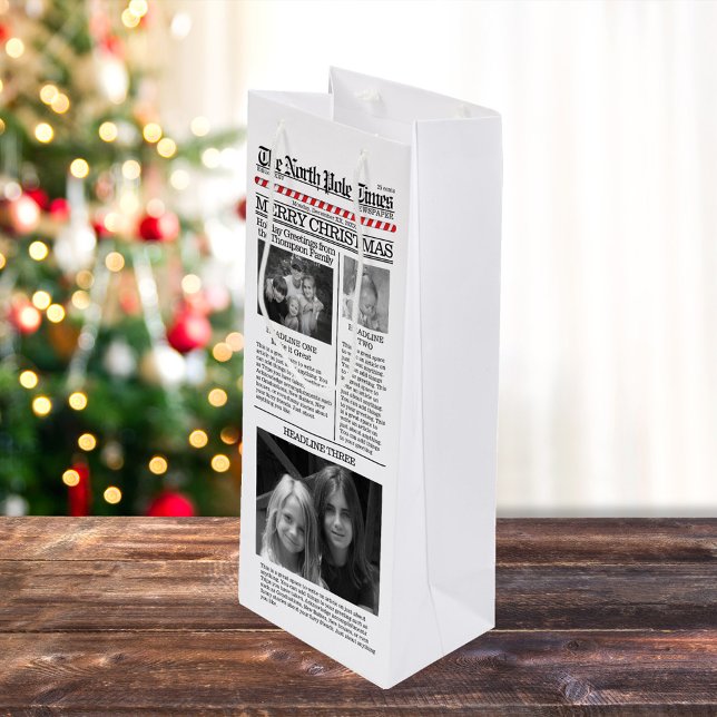 Weihnachtszeitung Foto Typografie Geschenktüte Für Weinflaschen (Simple and fun photo newspaper wine gift bag.)