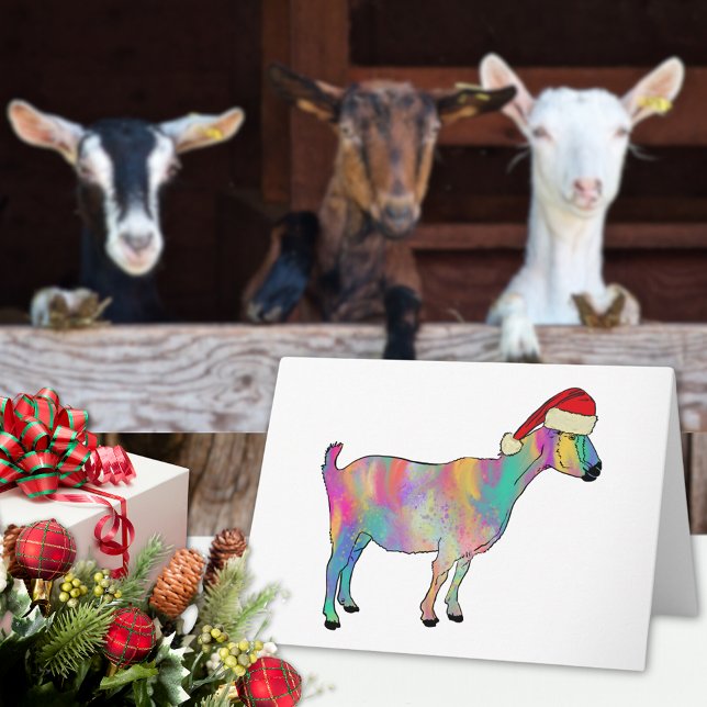 Weihnachtsziege farbig karte (Christmas goat colorful farm animal art holiday card cute goat wearing a Santa hat watercolor)