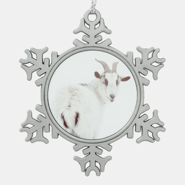 Weihnachtsziegen Schneeflocken Zinn-Ornament (Vorderseite)
