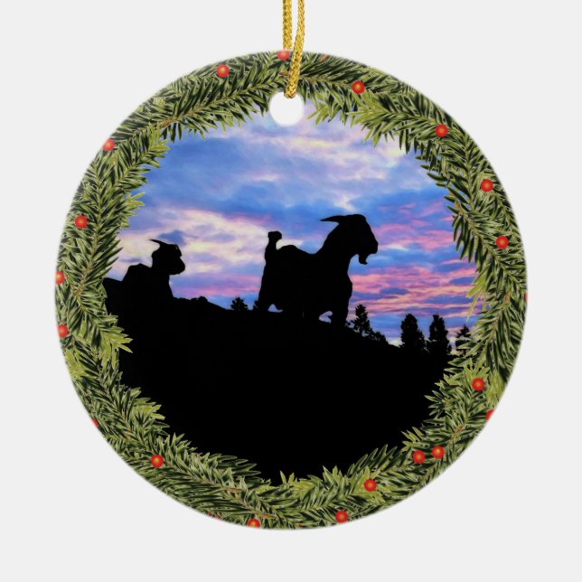 Weihnachtsziegen Silhouetten auf dem Berg Keramik Ornament (Vorne)
