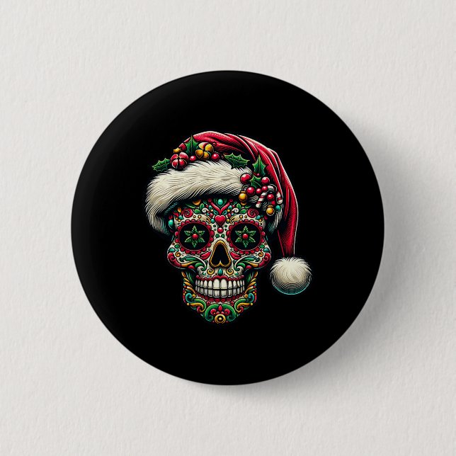 Weihnachtszucker Schädel Weihnachtsmannmütze Tag d Button (Vorderseite)