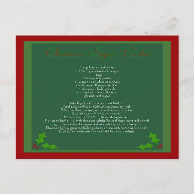 Weihnachtszuckerplätzchen-Rezept-Postkarte Feiertagspostkarte (Vorderseite)