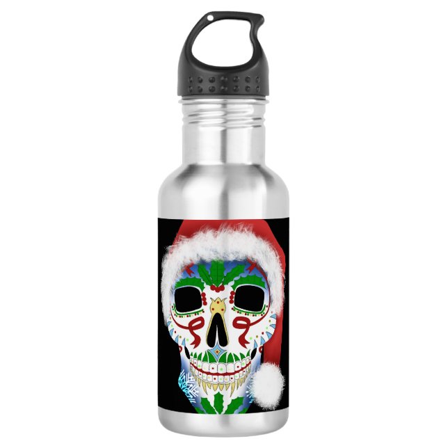 Weihnachtszuckerschädel Edelstahlflasche (Vorderseite)
