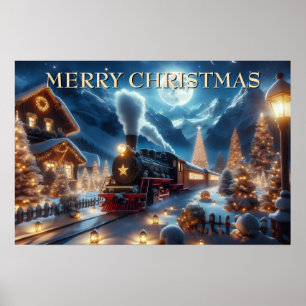 Weihnachtszug durch ein laternenbeleuchtetes Dorf Poster