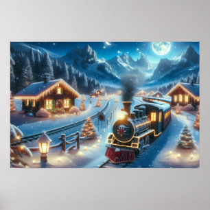 Weihnachtszug durch ein schneebedecktes Dorf bei N Poster