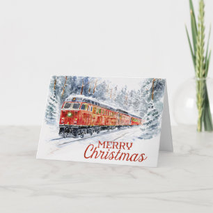 Weihnachtszug durch schneebedeckte Wälder Weihnach Feiertagskarte