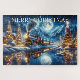 Weihnachtszug gespiegelt im mondbeschienenen See Puzzle