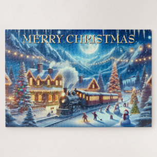 Weihnachtszug im schneebedeckten Dorf mit Kindern Puzzle