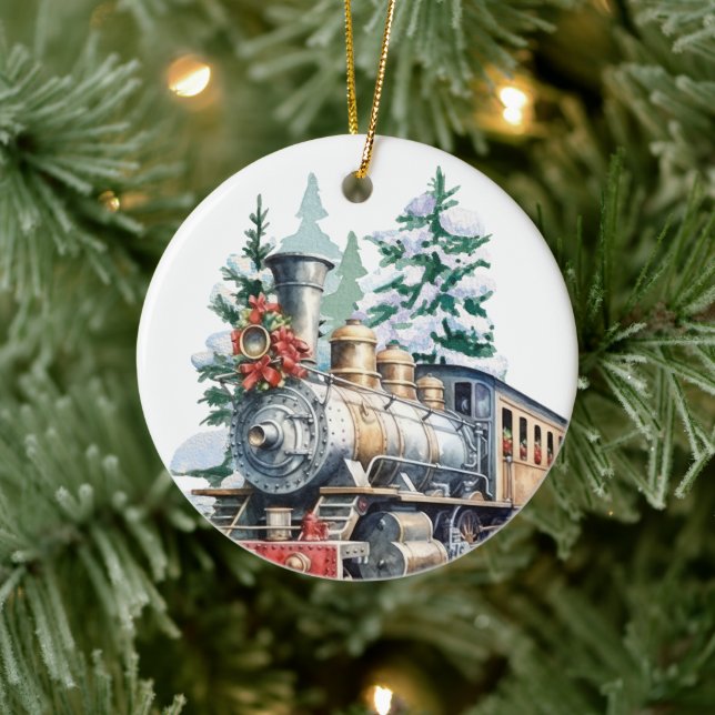 Weihnachtszug in Aquarellen - Nachricht Keramik Ornament (Baum)