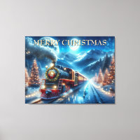 Weihnachtszug mit Kranz und schneebedeckten Kiefer