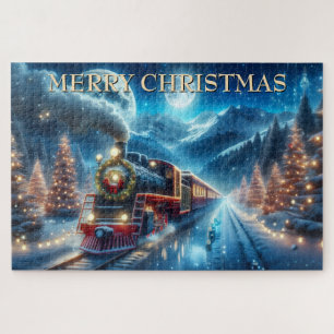 Weihnachtszug mit Kranz und schneebedeckten Kiefer Puzzle