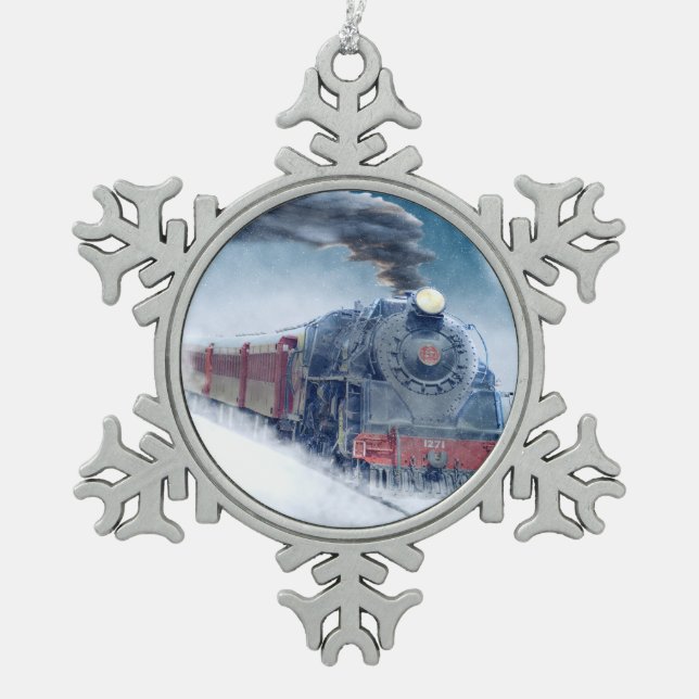 Weihnachtszug mit Mädchen und Santa Schneeflocken Zinn-Ornament (Vorderseite)