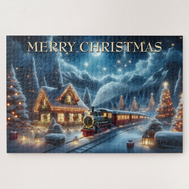 Weihnachtszug passiert geschmücktes Berghäuschen Puzzle (Horizontal)