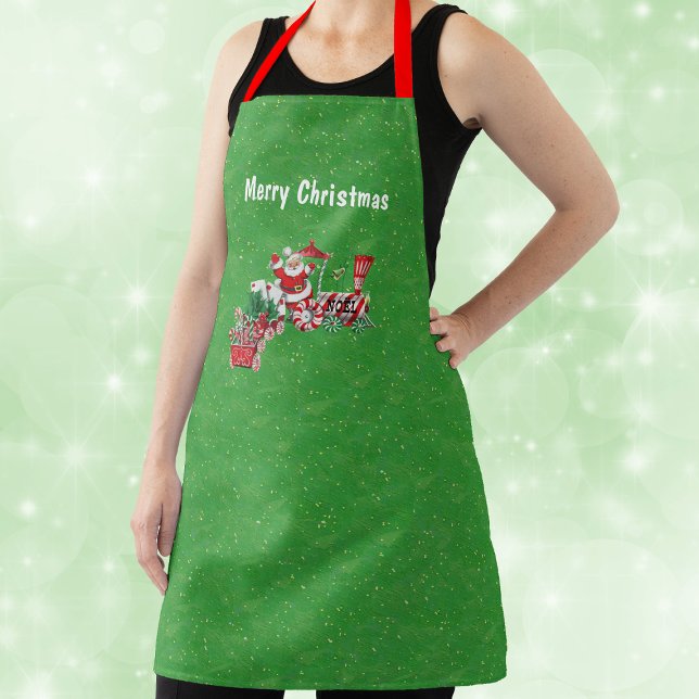 Weihnachtszug Peppermint Candy Wheels Santa Gold Schürze (Santa on Merry Christmas Train with letters, candy canes on green with gold flecks kitchen apron.)