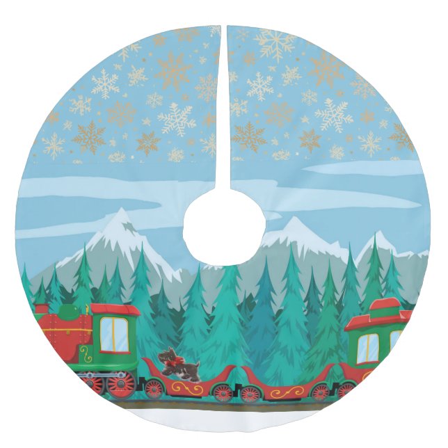 Weihnachtszug und kleiner Hund Polyester Weihnachtsbaumdecke (Vorderseite)