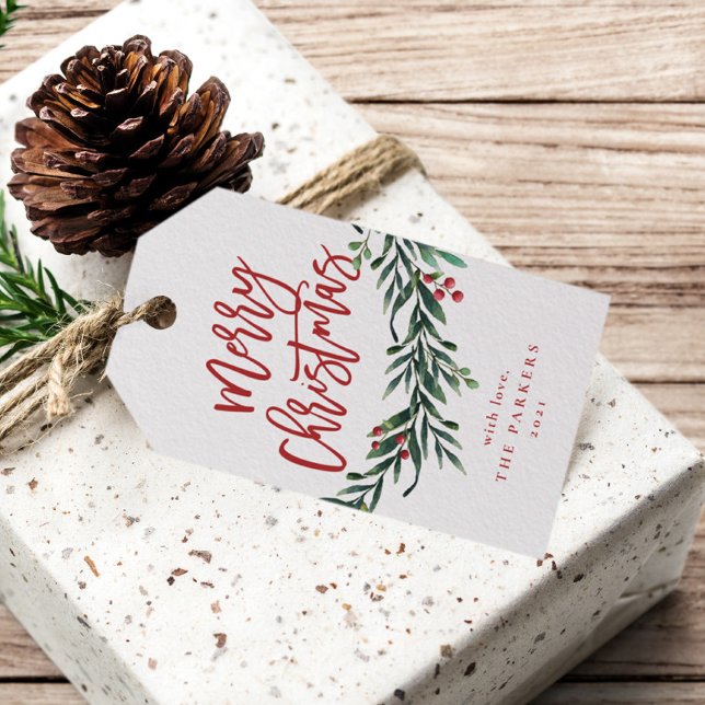 Weihnachtszweig mit Beeren Geschenkanhänger (Modern Merry Christmas Script Greenery Leaves Holiday Gift Tags.)