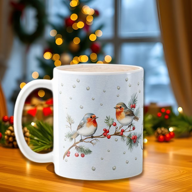 Weihnachtszweig mit Rotkehlchen und Beeren Kaffeetasse (Von Creator hochgeladen)