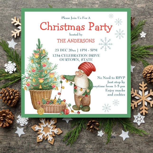 Weihnachtszwerge schmückend Weihnachtsbaum Weihnac Einladung (Christmas gnome decorating tree Christmas Party Invitation)