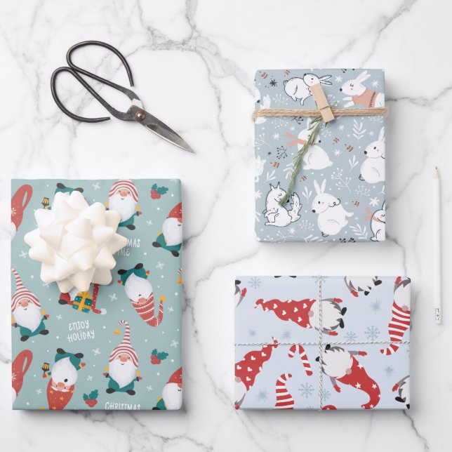 Weihnachtszwerge, Waldtiere Wintermuster Geschenkpapier Set (Vorderseite)