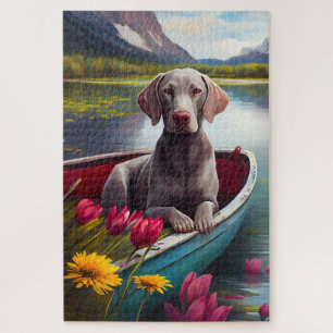 Weimaraner auf einem Paddel: Ein landschaftliches  Puzzle