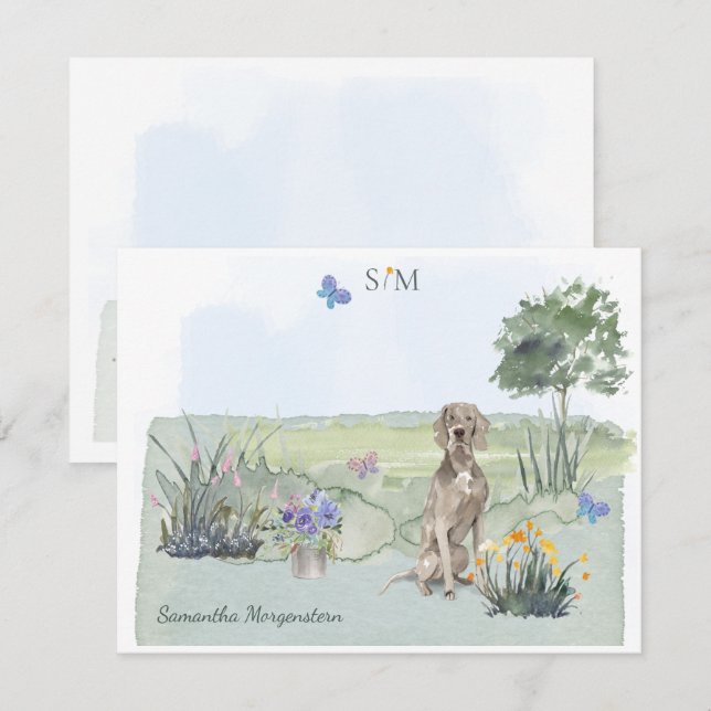 Weimaraner Butterfly Meadow Monogram & Name Mitteilungskarte (Vorne/Hinten)