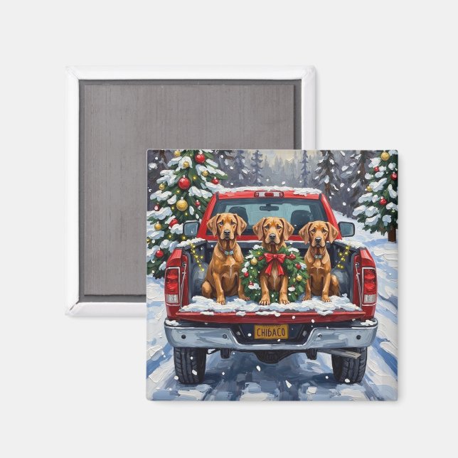 Weimaraner Christmas Red Truck Holiday Magnet (Vorderseite/Rückseite)