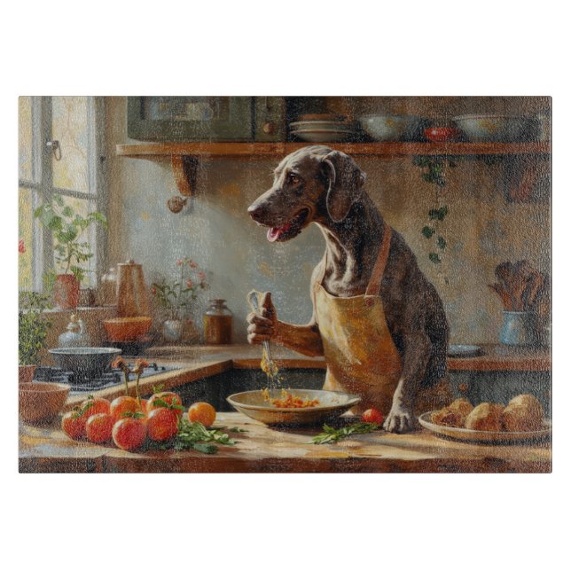 Weimaraner Cooking in Kitchen Schneidebrett (Vorderseite)