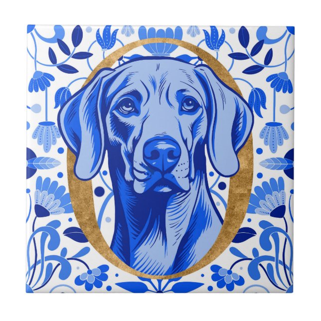 Weimaraner, der durch den Buchstaben "O" in Gold s Fliese (Vorderseite)